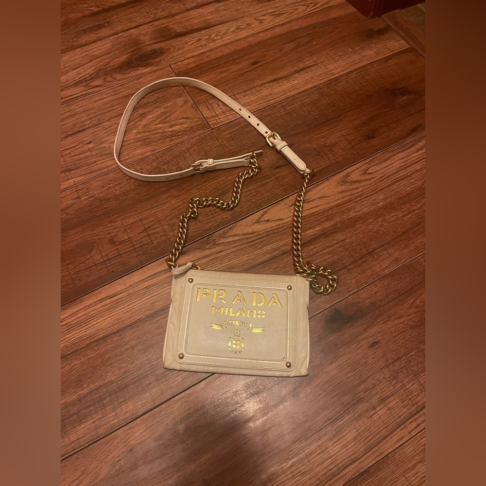 Prada Cream Shoulder Bag with Gold Accents